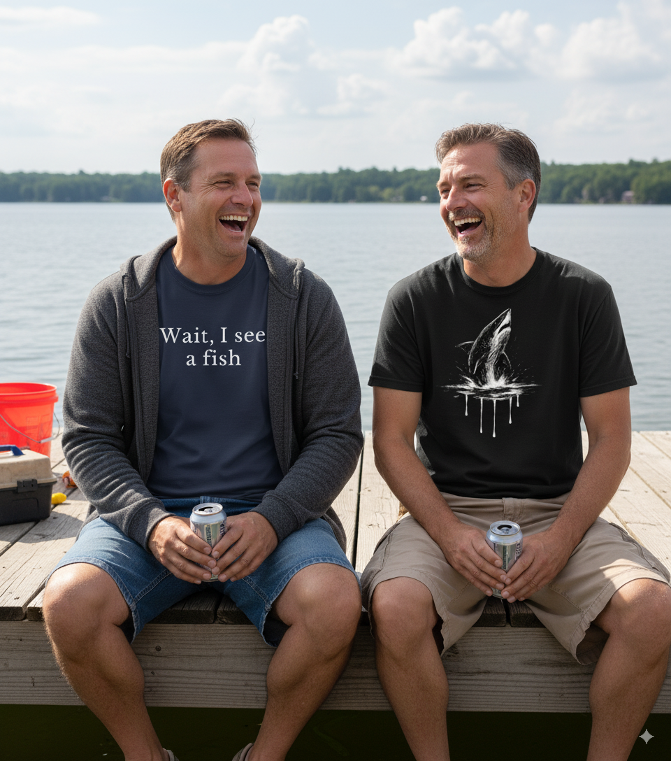 Two men sitting on a dock by a lake, laughing and holding drinks.